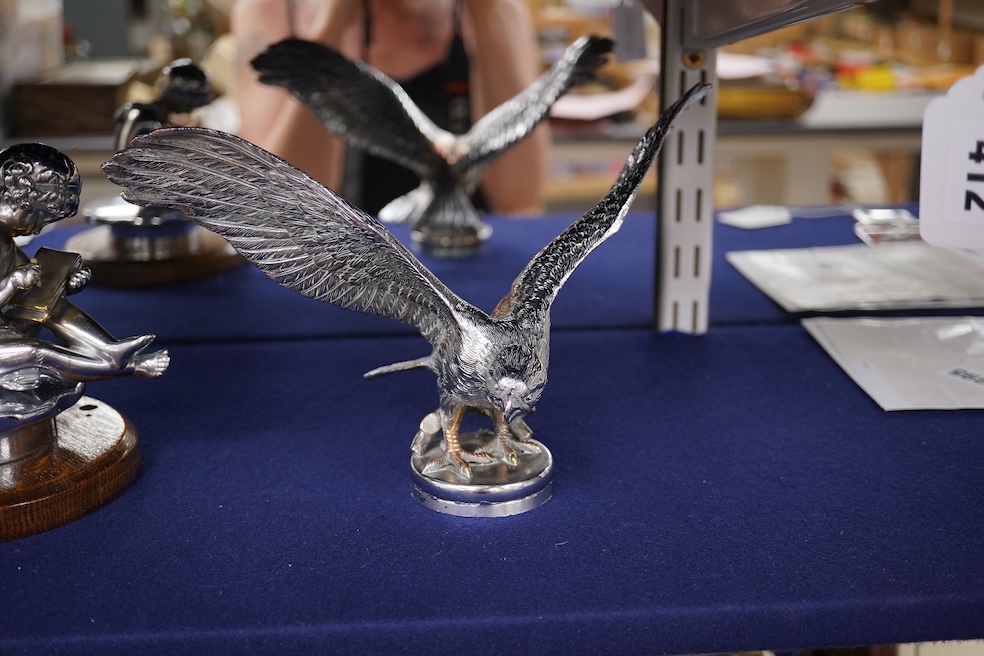 Two chrome car mascots, one in the form of an eagle stamped Finnigans London, wingspan 26cm, and the other of a classical child writing, mounted on a substantial radiator cap and oak base. Condition - fair to good, some